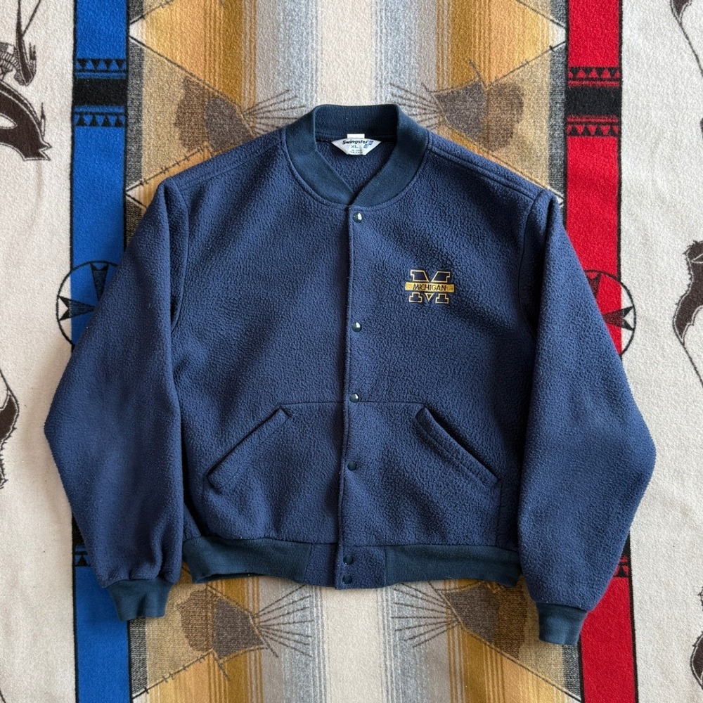 Vintage Swingster Michigan Fleece Varsity Jacket Navy Blue Mens XL Made in USA